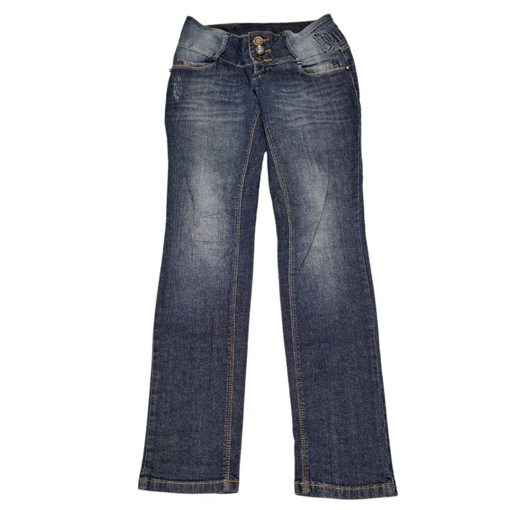 Oppnus Jeanswear Womens 38 Buttoned‎ Jeweled Fly Hip Hugger Blue Denim Y2K Low